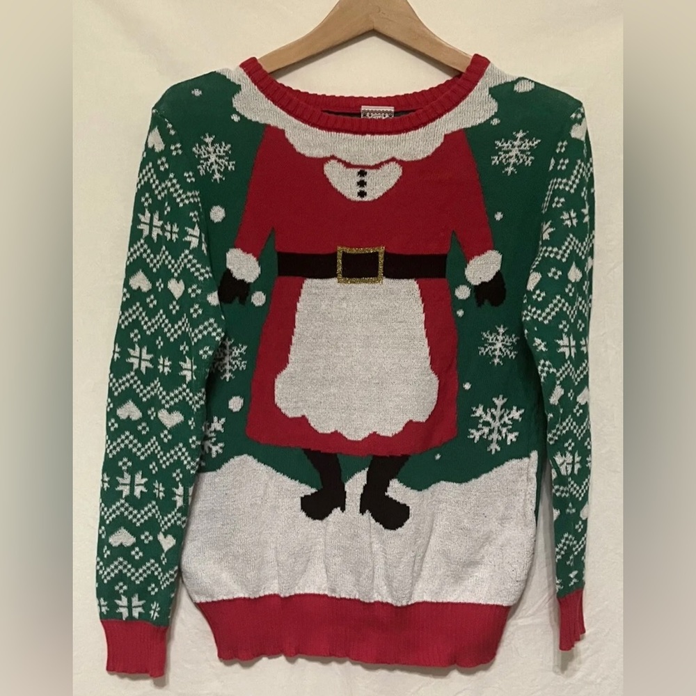 Well Worn Green, Red and White Holiday Sweater with Santa Dress Motif